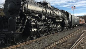 An old steam train on display in Sacramento, CA